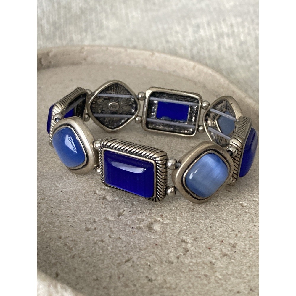 BGE Silver Tone Blue Cabochon Stretch‎ Bracelet Cobalt Faux Stone Boho Western